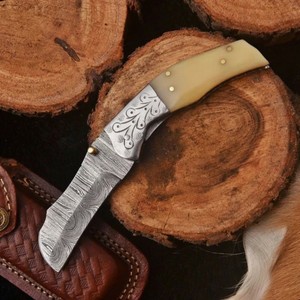 OEM Custom Handmade Damascus Steel Folding Hunting <b>Knife</b> with Natural <b>Bone</b> <b>Handle</b> Leather Sheath Outdoor Camping EDC <b>Knife</b> - Product Image 1