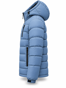 Men's Blue Hooded Puffer <b>Jacket</b> Waterproof Quick Dry Front Windproof <b>Casual</b> Zipper 100% Polyester Regular Length Winter Coat - Product Image 2