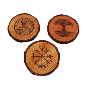 Premium 10 cm En Bois Naturel Viking Gravé Dessous De Verre Art Style Modèle avec Écorce Mango Acacia Bois Décoration De La Maison De L'Inde - Product Image 3
