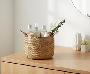 Round seagrass <b>basket</b> with 2 handles Handmade <b>Storage</b> <b>Basket</b> Wholesale eco-friendly Made in Vietnam - Product Image 1