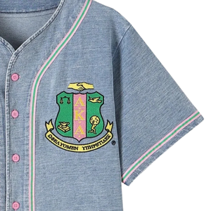 เสื้อเบสบอลยีนส์ AKA สีฟ้าอ่อน แขนสั้นติดกระดุม สไตล์กรีก สำหรับผู้หญิง - Product Image 4