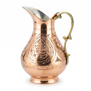 Pichet à eau en cuivre de style ottoman authentique gravé à la main avec poignée en laiton, carafe à calligraphie traditionnelle, vaisselle, cadeau - Product Image 1