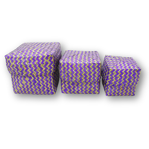 Boîte à bonbons cubique tressée à la main en feuilles de palmier avec couvercle, motif zigzag violet, design rustique, écologique, pour l'organisation de cadeaux - Product Image 4