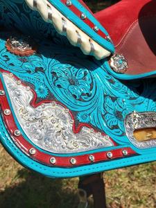 2025 Selle de cheval en cuir turquoise Logo personnalisé Produit de course durable de haute qualité pour Western English Trail Horse Type-Made - Product Image 5