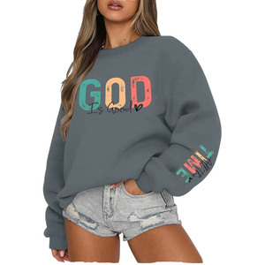 Sweat-shirt surdimensionné à col rond pour femme, imprimé « God Is Good », épaules tombantes, manches longues, en coton tricoté, pour l'automne - Product Image 4