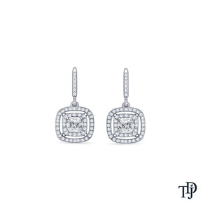 Boucles d'oreilles pendantes en platine avec diamant de laboratoire taille coussin et double halo - Product Image 1
