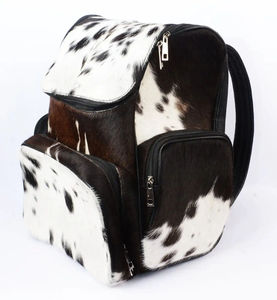 Cowhide Hair Backpack <b>Black</b> and White Spotted <b>Fur</b> Embossed Zipper Pockets 80g Leather Trim Shoulder <b>Bag</b> - Product Image 2