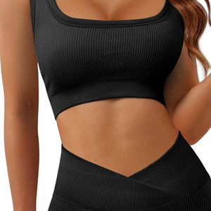 Women's Seamless High Waist Yoga Set Solid Black Racerback Sports Bra Full Length Leggings Four-Way Stretch 2 Piece - Product Image 6