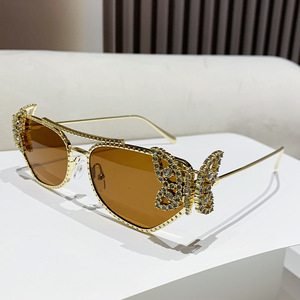 Gafas de Sol de Moda con Montura Metálica y Adornos de Diamantes, Diseño de Ojo de Gato y Mariposa, Doble Barra, Estilo Europeo Americano, Unisex, Lentes de PC con Protección UV400, Montura Completa, 2025 - Product Image 2