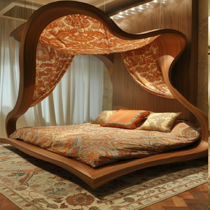 Cama con dosel de madera curvada de estilo vanguardista, con líneas fluidas y telas estampadas integradas. Disponible a precios de mayorista. - Product Image 1