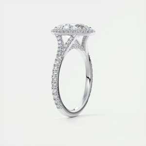 Anillo de compromiso con diamante cultivado en laboratorio de corte ovalado de 2.60 quilates, halo francés oculto y mini engastes en oro blanco de 14K - Product Image 1