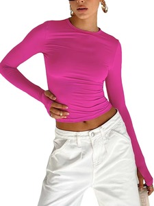 Women Long Sleeve Crop <b>Top</b> Solid Color Ruched Front Crew Neck Slim Fit <b>Y2K</b> Style Spandex Polyester Knitted Breathable Spring - Product Image 1