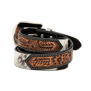 Western Cowboy Genuine Leather <b>Belt</b> with Brown Floral Hand Tooled Design, Brown White Hair On Cowhide, Engraved <b>Silver</b> <b>Buckle</b>, - Product Image 2