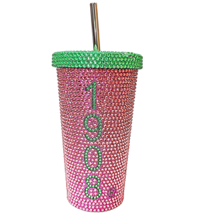 AKA Pink Green Bling Tumbler <b>with</b> <b>Lid</b> and Straw Sparkling Insulated <b>Reusable</b> Travel <b>Cup</b> Sorority Drinkware Gift for Hot Cold - Product Image 1