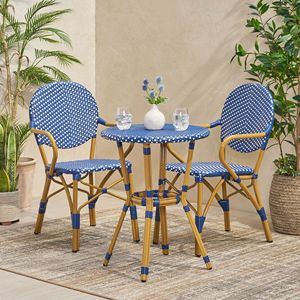 Ensemble bistrot français 3 pièces en rotin PE et aluminium pour extérieur, finition bambou blanc et vert sarcelle foncé, mobilier de patio élégant - Product Image 1