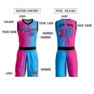Ensemble de maillot de basket-ball personnalisé rose et bleu dégradé, impression par sublimation, polyester respirant, unisexe adulte, nom et numéro de l'équipe 00 - Product Image 2