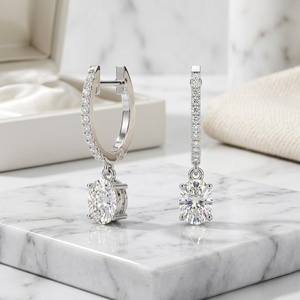 1.20 CTW Oval and Round Prong and Bezel and Pave Huggie Drop Linear <b>Diamond</b> <b>Earrings</b> - Product Image 2