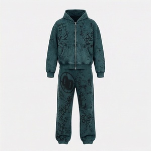 Custom Acid Wash <b>Distressed</b> Jogging Set Men Heavyweight Printing Zip Up Tracksuit Hoodie Straight Leg Flared Sweatpants - Product Image 1
