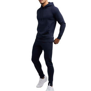 Men's Navy Blue Hooded Tracksuit 100% Cotton Full Length Solid Color Casual Wear With Side Pockets Elastic Waist Winter Style - Product Image 3