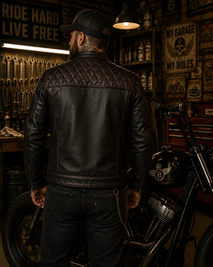 Men's Black Genuine Leather Motorcycle Jacket With Red <b>Stitch</b> Quilted Shoulder Zipper Closure Windproof Biker <b>Coat</b> - Product Image 3
