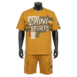 ชุดเสื้อยืดและกางเกงขาสั้นผู้ชาย ผ้าคอตตอนเจอร์ซีย์พรีเมียม GSM เนื้อนุ่ม ระบายอากาศได้ดี สีมัสตาร์ด พิมพ์ลายสกรีน โลโก้สั่งทำได้ - Product Image 1