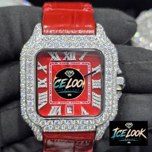 ICE LOOK นาฬิกาควอทซ์ทรงสี่เหลี่ยมหรูหราสายหนังสีแดงฝังเพชรตัวเรือนแสดงวันที่แบบอะนาล็อกสำหรับทุกเพศ 38 มม. - Product Image 1