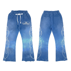 Premium 350 GSM Cotton Fleece Mid Waist Casual Flare Pants Blue Washed Wide Leg Fit Custom Logo Streetwear Style Trousers - Product Image 1
