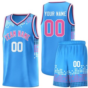 Ensemble de maillot de basket-ball bleu avec nom et numéro de l'équipe, impression sublimée, uniforme en maille sans manches à col en V pour adultes - Product Image 5