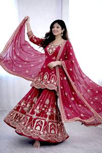 <b>Red</b> Embroidered Traditional Indian Pakistani <b>Lehenga</b> Suit With Dupatta Wedding Outfit Women's Regular Fit Floor-Length - Product Image 2