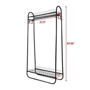 Minimalist <b>Standing</b> Metal Clothing Organizer with Double Tier Wire Shelves 32.9 x 9 x 64.96 Inches for Wardrobe Space Saving - Product Image 1