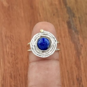 Handmade <b>Lapis</b> <b>Lazuli</b> Round <b>Ring</b> 925 Sterling Silver Spiral Double Band Bohemian Jewelry for Women - Product Image 4