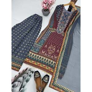 Ensemble de salwar kameez pour femmes, taille M, gris, magnifique imprimé numérique, travail manuel, tricot - Product Image 6