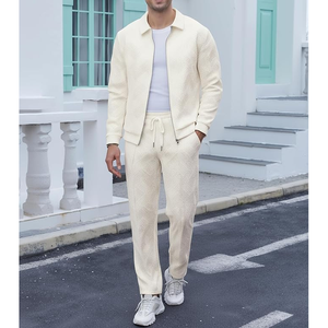 Men's Cream Cotton <b>Knitted</b> Tracksuit <b>Set</b> Stand Collar Casual Sportswear Breathable Solid Color Spring Wear - Product Image 3