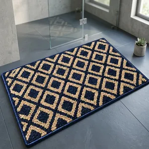 Paillasson élégant et lavable en tissu bleu et beige à motif losanges géométriques pour la décoration d'entrée de maison moderne - Product Image 3