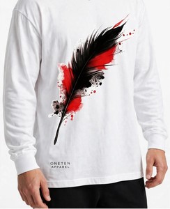 Oneten Apparel Camiseta blanca de manga larga para hombre con cuello redondo y estampado de plumas en negro y rojo - Product Image 6