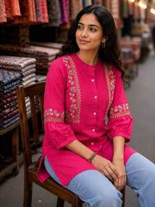 Tunique en coton brodée orange pour femme, coupe régulière, longueur genou, style ethnique, décontractée, pour festivals indiens, Kurti recyclée - Product Image 5