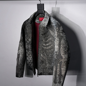Men's <b>Gothic</b> Printed Wool Blend Bomber <b>Jacket</b> With Skeleton Pattern Zip Front Turn-down Collar Regular Fit Autumn Wear - Product Image 3