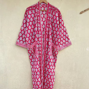 Bata Kimono con Estampado de Dibujos Animados para Mujer, 100% Algodón, Camisón de Verano Hecho a Mano, Cuello en V, Cintura Elástica, Largo hasta la Rodilla - Product Image 1