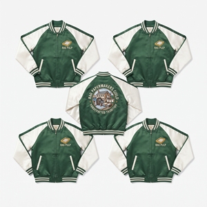 เสื้อแจ็คเก็ตซาตินแบบสั่งทำพิเศษ สีเขียวป่า ปักลายกระดาษสีขาว แบบซูกะจัง เสื้อคลุมเบสบอล - Product Image 1