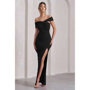 Vestido maxi con hombros descubiertos y nudo frontal, con abertura alta, para ocasiones formales y de noche. - Product Image 2