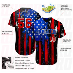 Maillot de baseball authentique personnalisé avec drapeau américain 3D vieilli noir, rouge, bleu roi et blanc, impression par sublimation personnalisée - Product Image 3