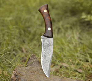 มีดล่าสัตว์แบบฟูลแทงค์ขนาด 10.5 นิ้ว ใหม่เอี่ยม ทำจากเหล็กดามัสกัส ปลายมีดทรงเทรลลิ่ง ด้ามไม้โรสวูด ตกแต่งด้วยทองเหลือง ลายหยดน้ำ - Product Image 2