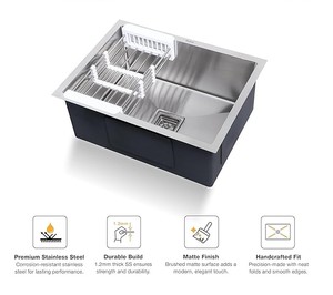 Fregadero de cocina individual hecho a mano de acero inoxidable premium con acabado mate, tubo de desagüe acoplado y cesta para lavar verduras - Product Image 2