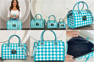 2026 Hand Tooled Cowhide Leather Speedy Bag With Turquoise Concho Checkered Pattern Crossbody Handbags Stylish Travel Duffel Bag - Product Image 3