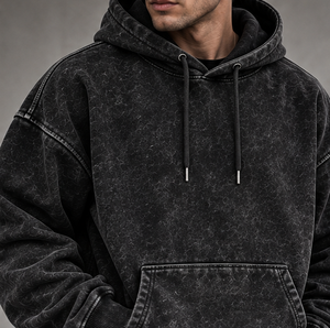 Sweat à capuche pour homme effet délavé |   Sweat-shirt à capuche noir surdimensionné avec poche pour sac à dos au dos |   Streetwear personnalisé - Product Image 4