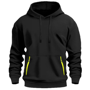 Sweat-shirt à capuche noir pour homme avec poches jaune fluo, coupe classique, style décontracté, en tissu polaire, idéal pour l'hiver, anti-boulochage, respirant - Product Image 1