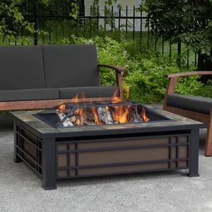 Stone Outdoor Fire Pit Table with Log Grate Spark Screen Cover and Poker 43.75 In Rustic Design for Patio Backyard - Product Image 4