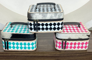 Estuche de Joyería de Cuero Vacuno con Diseño a Cuadros Turquesa y Blanco, Hecho a Mano, Estilo Occidental, Organizador de Joyas, Caja de Viaje - Product Image 6