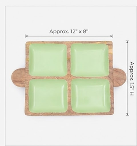Wooden <b>Square</b> Tray With Three Green Enamel Compartments Rustic Design Handle - Product Image 1