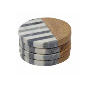 Juego de posavasos redondos de mármol y madera con tiras blancas de 4 posavasos para café, bebida, té, mesa de comedor, posavasos de decoración moderna para el hogar - Product Image 5